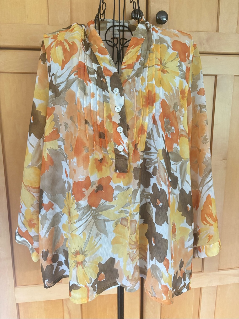 Coldwater Creek Yellow & Orange Floral Sheer Top with lining